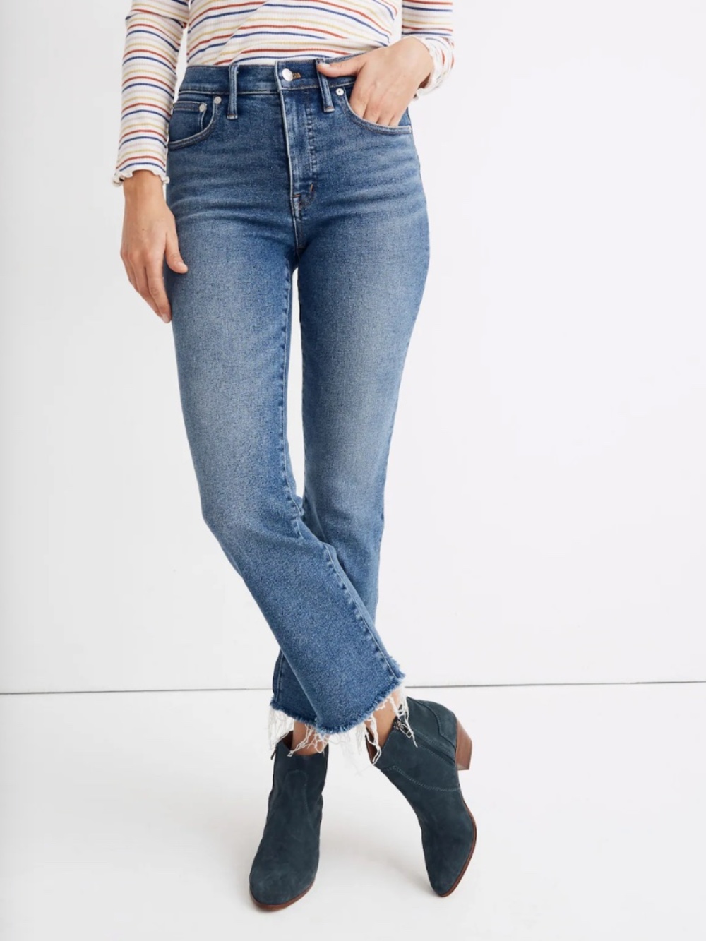 Madewell Cali Demi Boot Denim Size 32T Blue Jeans Cropped Fringe (S) - Picture 4 of 12